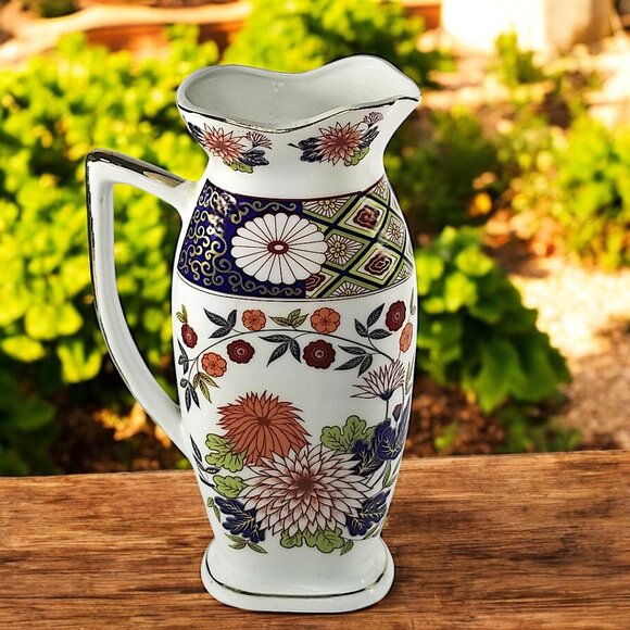 Colorful Japanese Imari Pitcher Multicolor Chrysanthemum & Lotus Flower 9 1/2 in - Picture 2 of 14